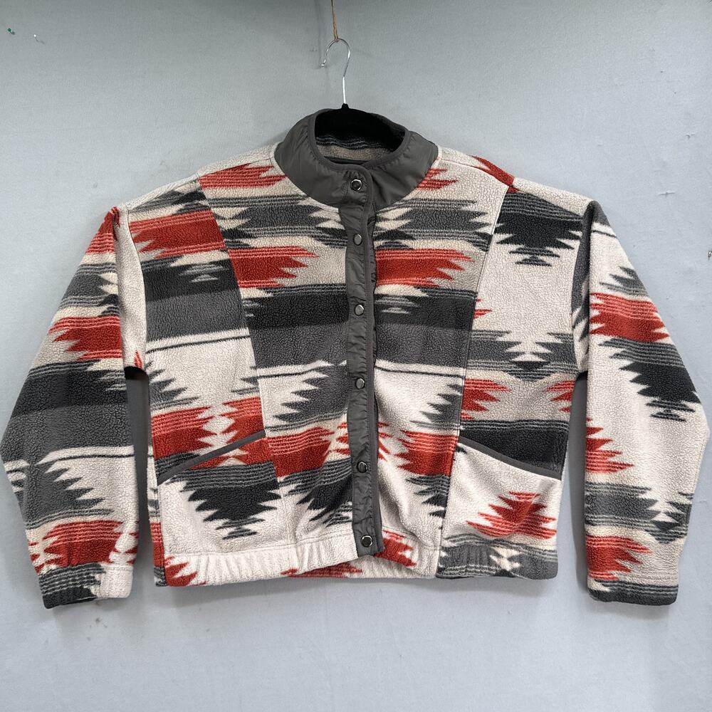 Aztec Print Fleece Jacket Women L Snap Southwestern Red Gray Casual Camping Fall
